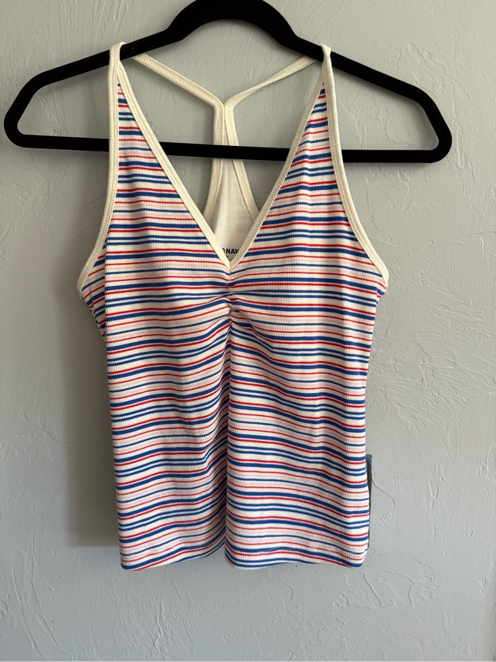 Old Navy Ribbed Racerback Tank Top Built-In Shelf Bra Red White Blue Stripe M